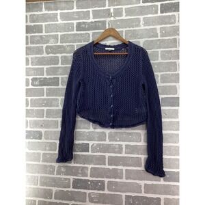 American Eagle Navy Blue Open Knit Cropped Cardigan Sweater Womens Medium Cotton